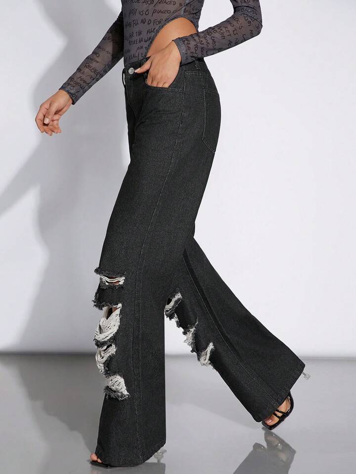 CM-BS180086 Women Casual Seoul Style Slant Pocket Distressed Flare Leg Jeans - Black