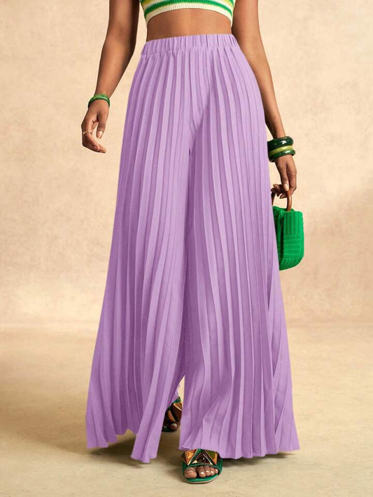CM-BS865006 Women Elegant Seoul Style Elastic Waist Pleated Extra-Long Wide-Leg Pants - Purple