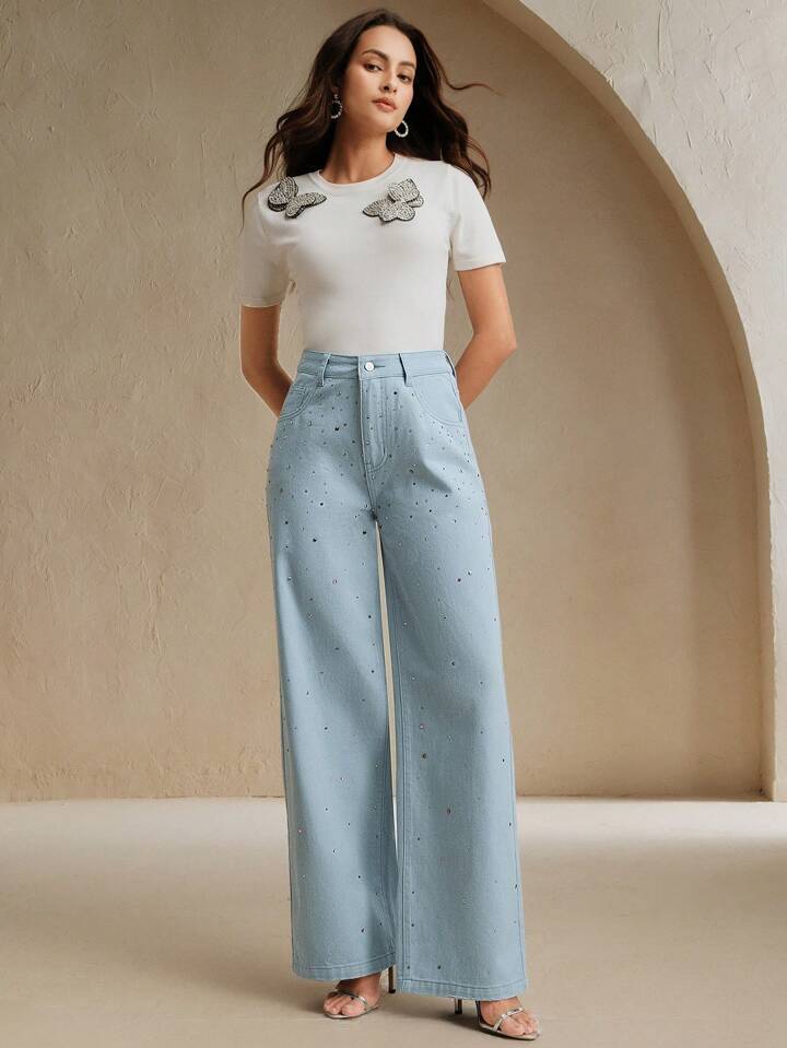 CM-BS558347 Women Casual Seoul Style Mid Waist Rhinestoned Decor Straight Leg Jeans - Blue