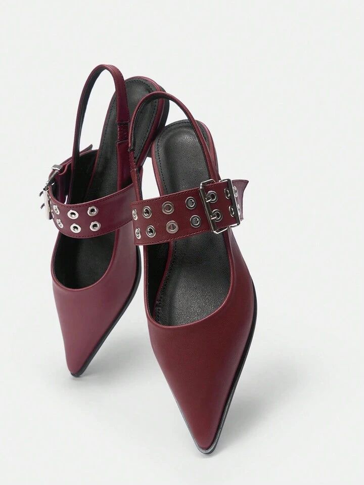 CM-SHS862685 Women Trendy Seoul Style PU Leather Pointed Toe Flat Shoes With Back Strap - Burgundy