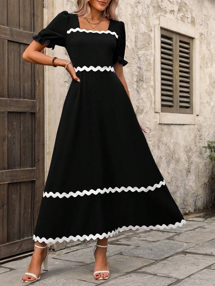 CM-DS757416 Women Trendy Bohemian Style Short Sleeve Wavy Hemline Dress - Black