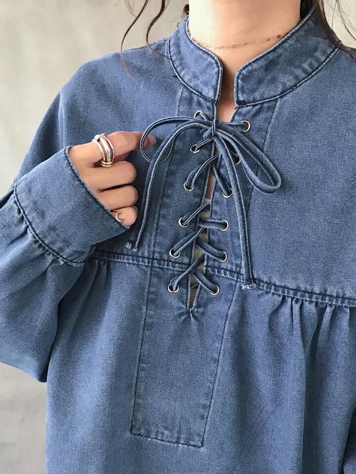CM-TS359709 Women Casual Seoul Style Loose Stand Collar Tie Front Long Sleeve Denim Blouse - Blue