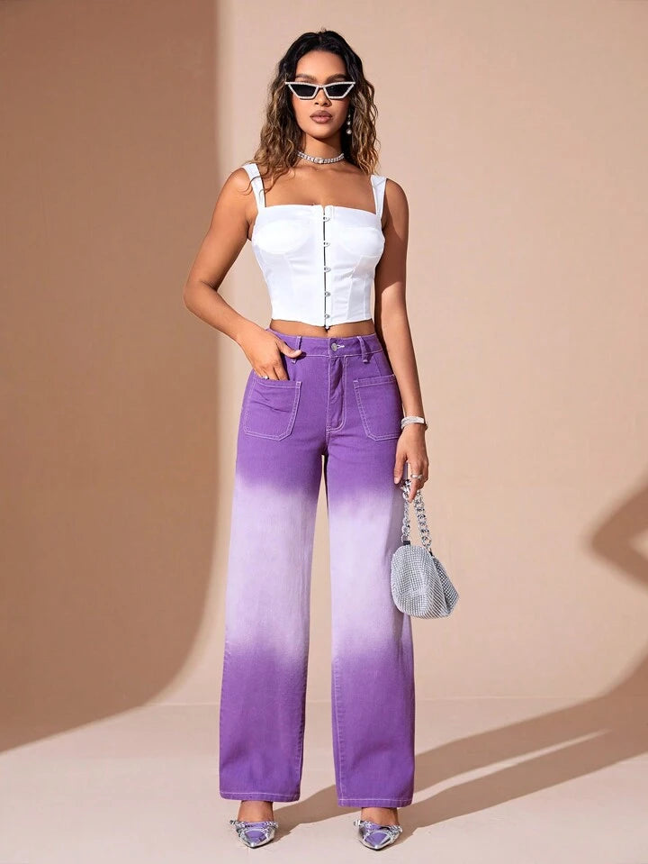 CM-BS216856 Women Casual Seoul Style Gradient Patch Pocket Straight-Leg Jeans - Purple