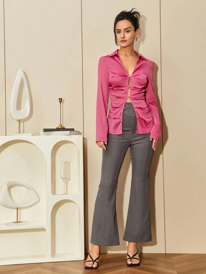 CM-TS300599 Women Elegamnt Seoul Style Collar Neckline Long Sleeve Shirt - Pink