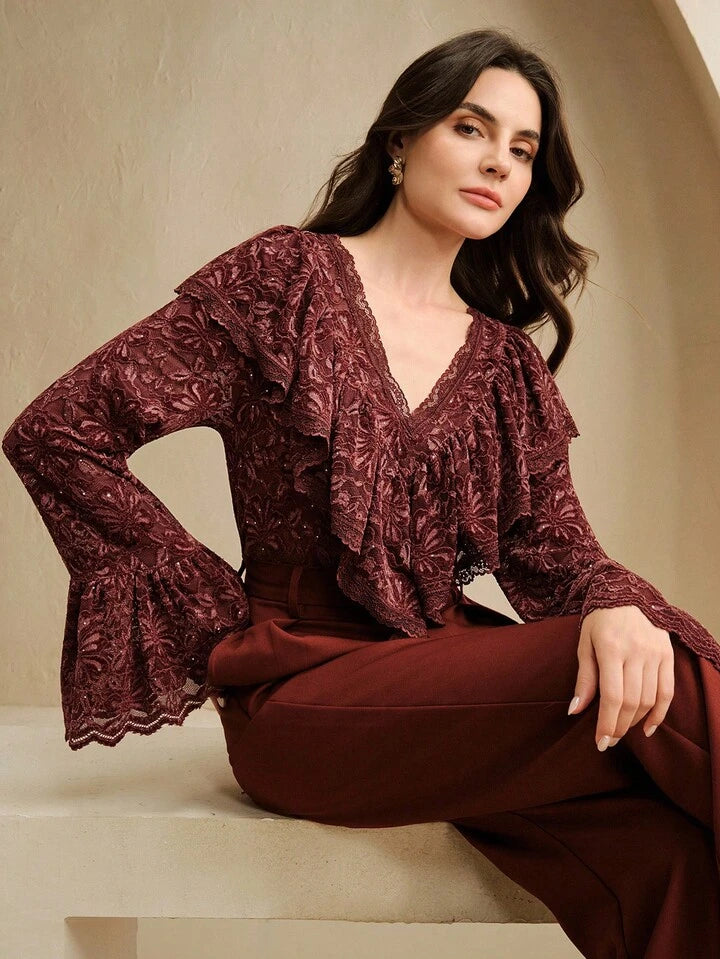 CM-TS377738 Women Elegant Seoul Style V-Neck Velvet Lace Ruffle Trim Long Sleeve Blouse - Burgundy