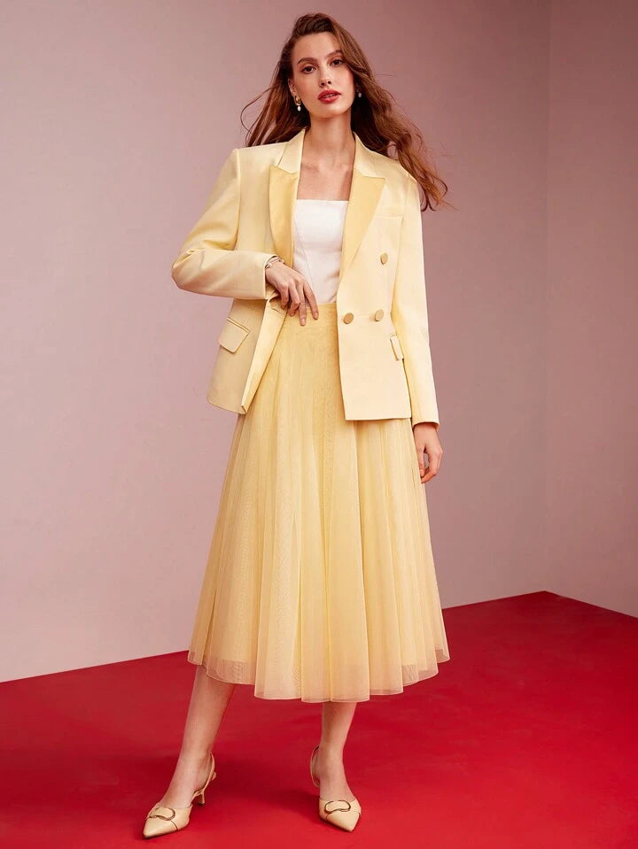 CM-BS708014 Women Elegant Seoul Style Mid Waist Contrast Mesh Flared Skirt - Yellow