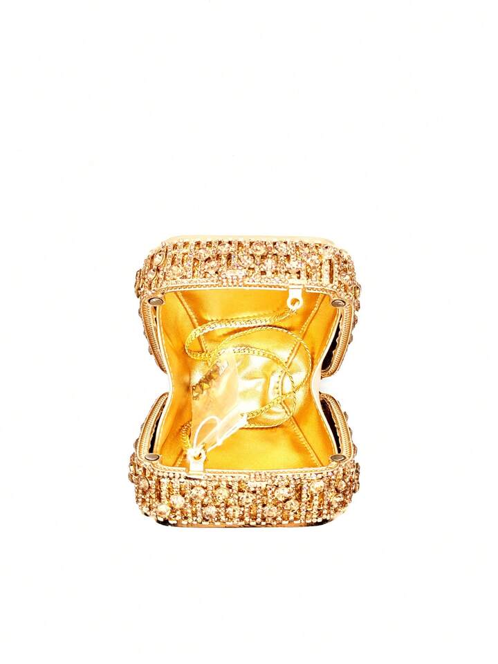 CM-BGS037116 Women Elegant Seoul Style Mini Square Box Rhinestone Clutch Purse - Gold