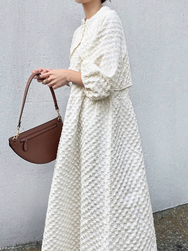 CM-DS502502 Women Casual Seoul Style Textured Stand Collar Puff Sleeve Loose A-Line Dress - Apricot
