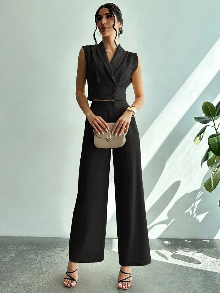 CM-SS663630 Women Elegant Seoul Style Collared Fitted Cap Sleeve Shirt With Straight-Leg Pants Suit - Black
