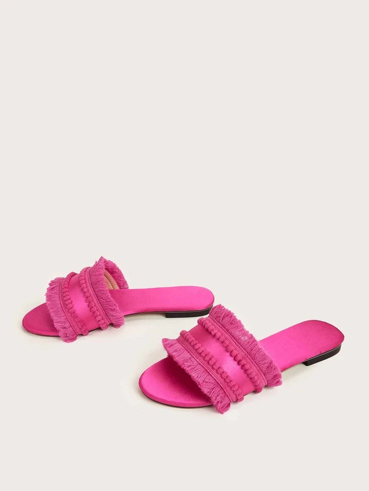 CM-SHS568444 Women Trendy Seoul Style Fringe Decor Plain Satin Open Toe Slide Sandals - Pink