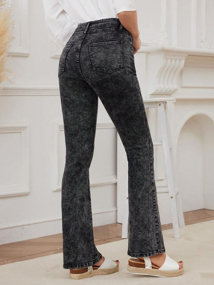 CM-BS448092 Women Casual Seoul Style High Waisted Slim Fit Double Layered Flared Jeans - Dark Gray