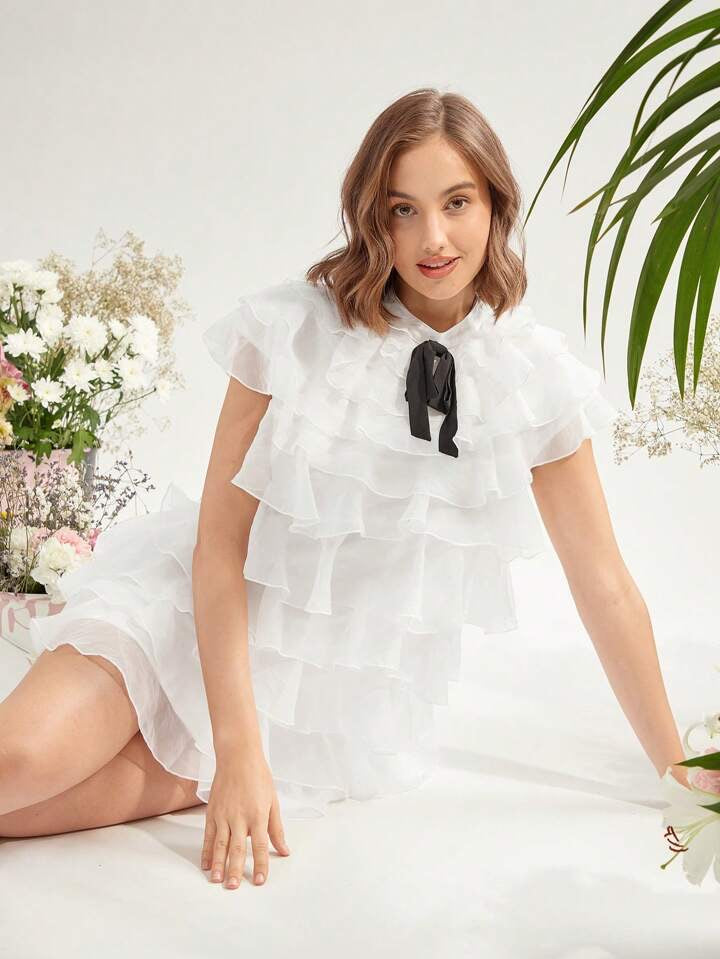 CM-DS601121 Women Elegant Seoul Style Tie Neck Short Sleeve Ruffle Trim Organza Dress