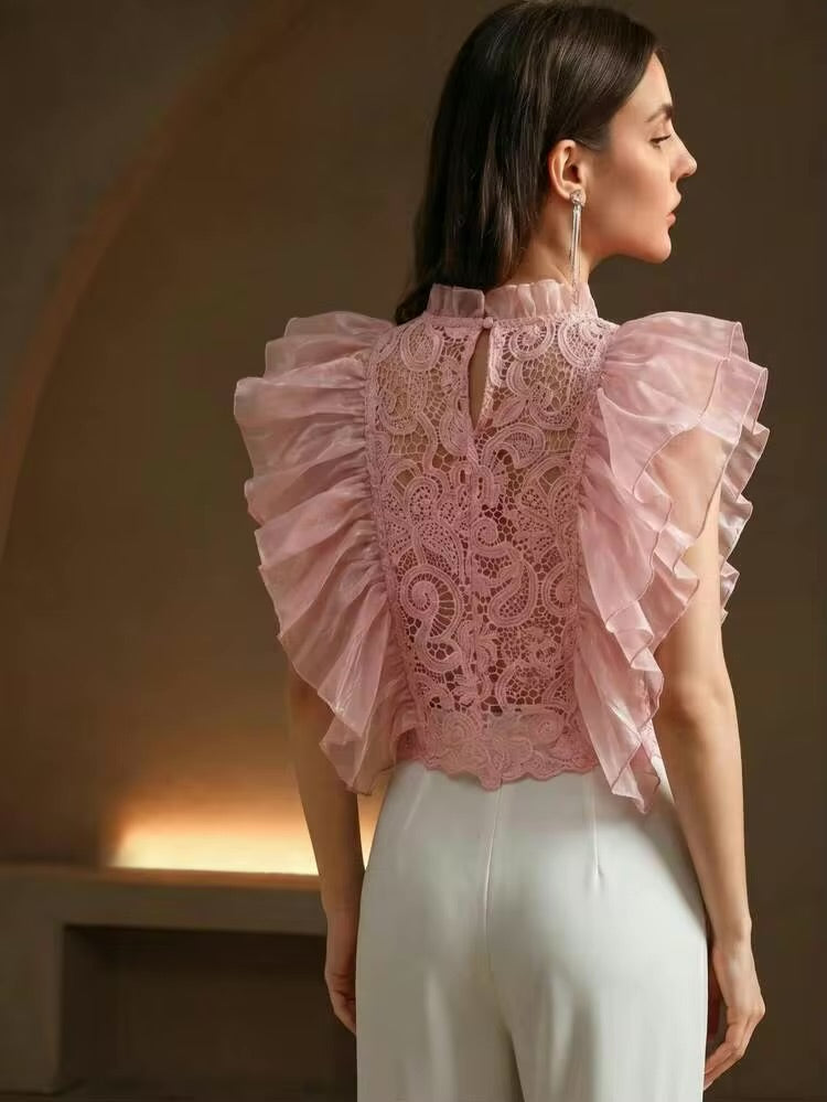 CM-TS427440 Women Elegant Seoul Style Stand Collar Sleeveless Layered Exaggerated Ruffle Blouse - Pink