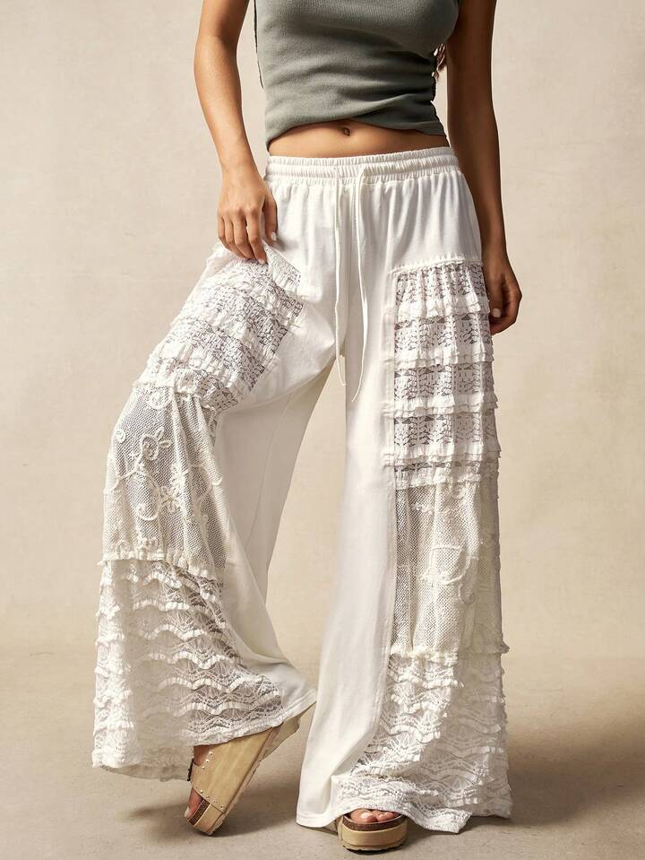 CM-BS740990 Women Trendy Bohemian Style Solid Color Knit Contrast Lace Wide Leg Pants - Apricot