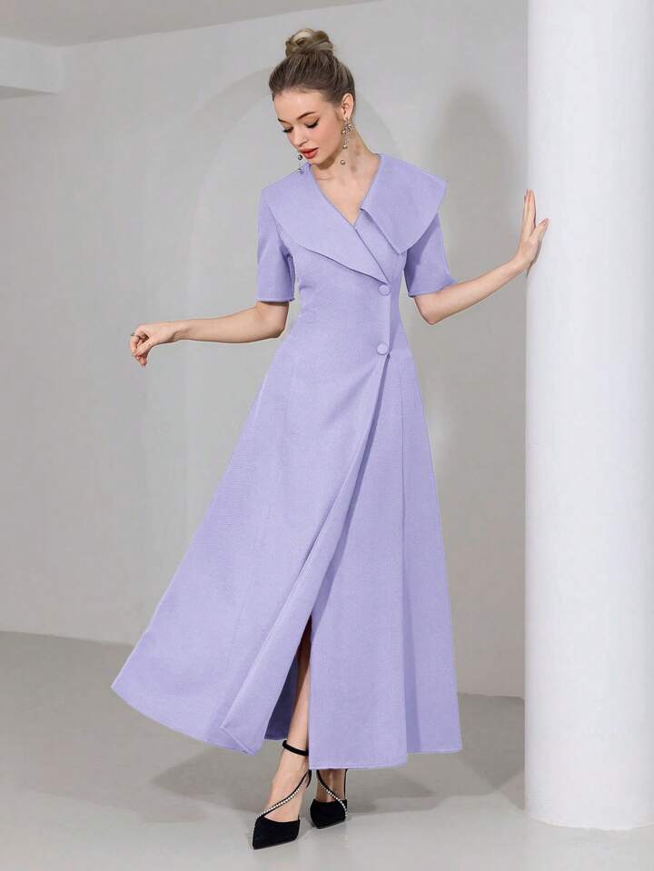 CM-DS792589 Women Elegant Seoul Style Solid Color V-Neck Short Sleeve Front Button Long Dress - Purple