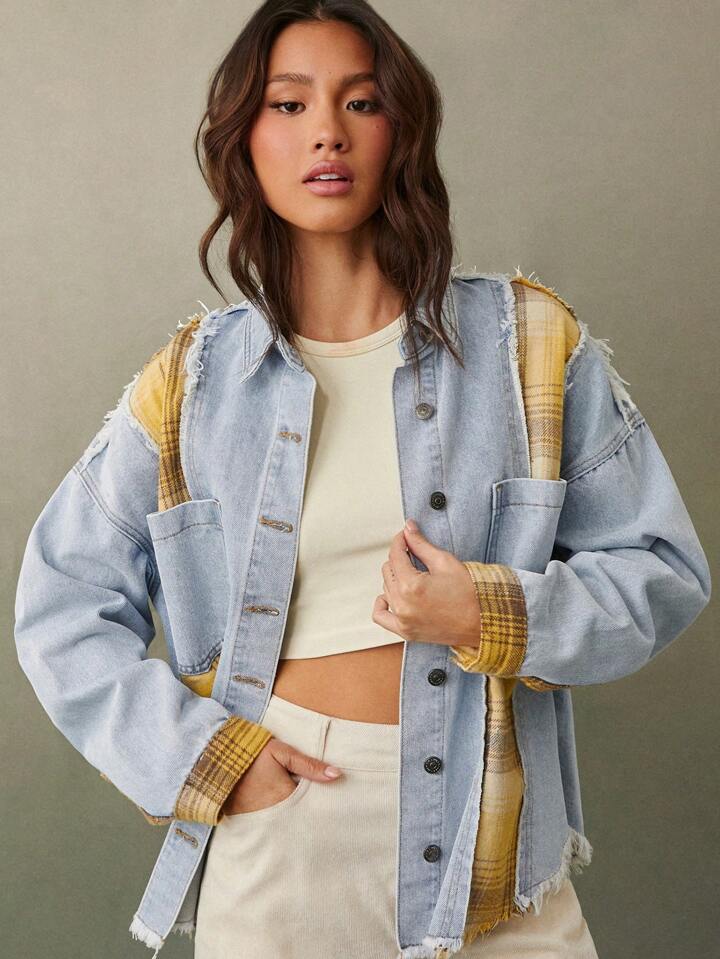 CM-CS424224 Women Casual Seoul Style Light Wash Collar Neckline Long Sleeve Colorblock Patchwork Denim Jacket