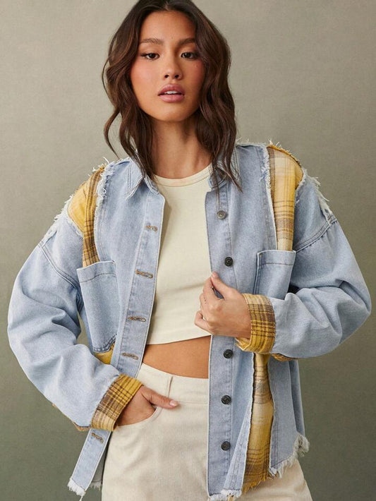 CM-CS424224 Women Casual Seoul Style Light Wash Collar Neckline Long Sleeve Colorblock Patchwork Denim Jacket