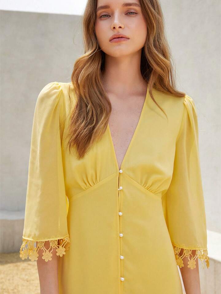 CM-DS080130 Women Elegant Seoul Style Deep V-Neck Floral Lace Trim 3/4 Sleeve Button Design A-Line Dress - Yellow