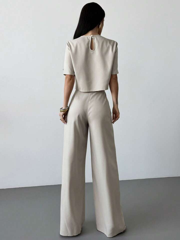 CM-SS569920 Women Casual Seoul Style Solid Color Round Neck Cropped Shirt With Wide Leg Pants - Set
