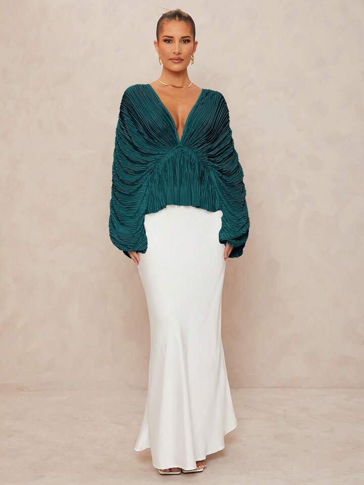 CM-TS230198 Women Elegant Seoul Style Deep V-Neck Long Sleeve Loose Fit Ruffled Hem  Oversized Blouse - Teal Blue