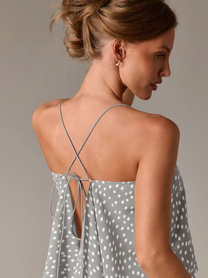 CM-TS322221 Women Casual Seoul Style Sheer Polka Dot Halter Back Tie Detail Sleeveless Blouse - Gray
