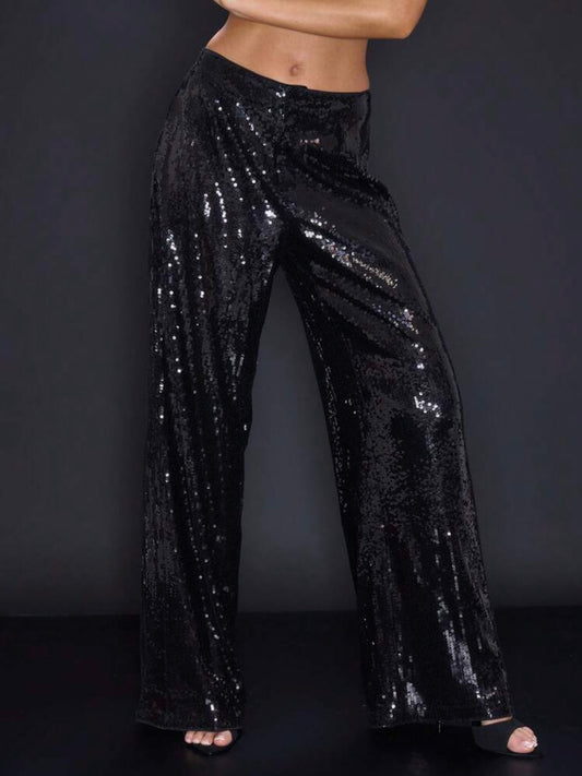 CM-BS173464 Women Elegant Seoul Style Drop Waist Sequin Wide Leg Trousers - Black