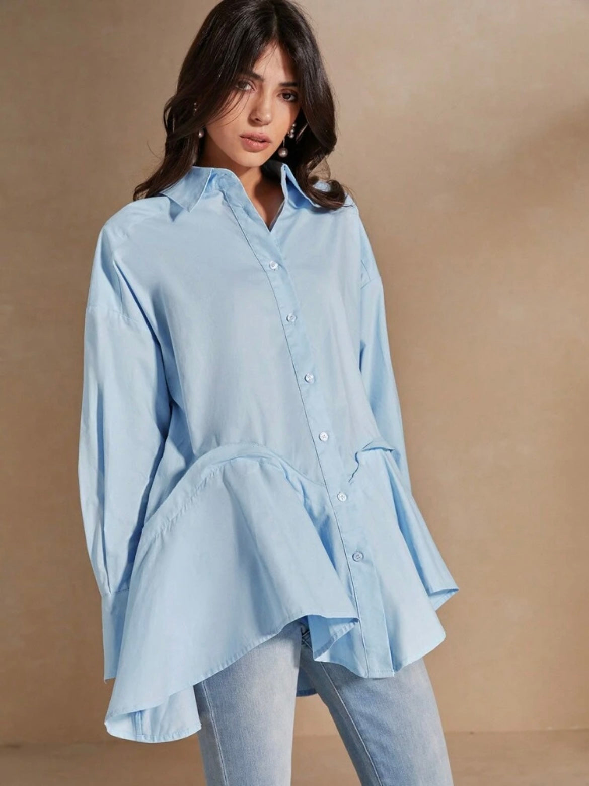 CM-TS493804 Women Casual Seoul Style Solid Color Asymmetrical Hemline Long Sleeve Shirt - Blue