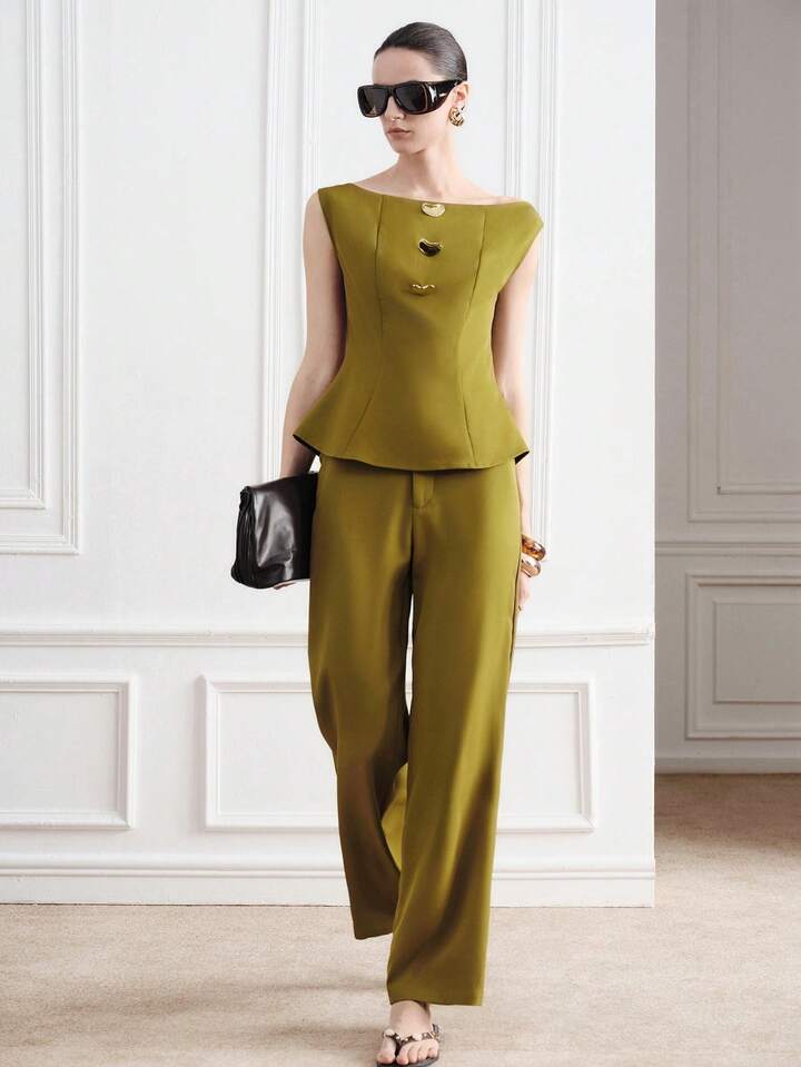 CM-SS271644 Women Elegant Seoul Style Boat Neck Metal Buckle Sleeveless Crop Top With Straight Leg Flare Pants - Set
