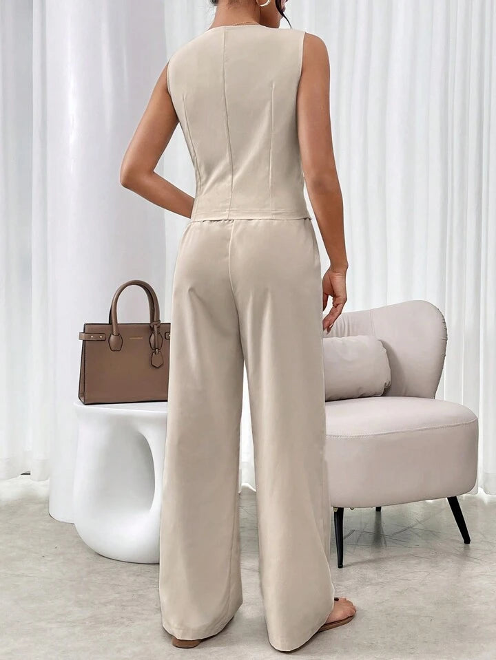 CM-SS195567 Women Casual Seoul Style V-Neck Sleeveless Single Breasted Suit Vest With Long Pants - Apricot