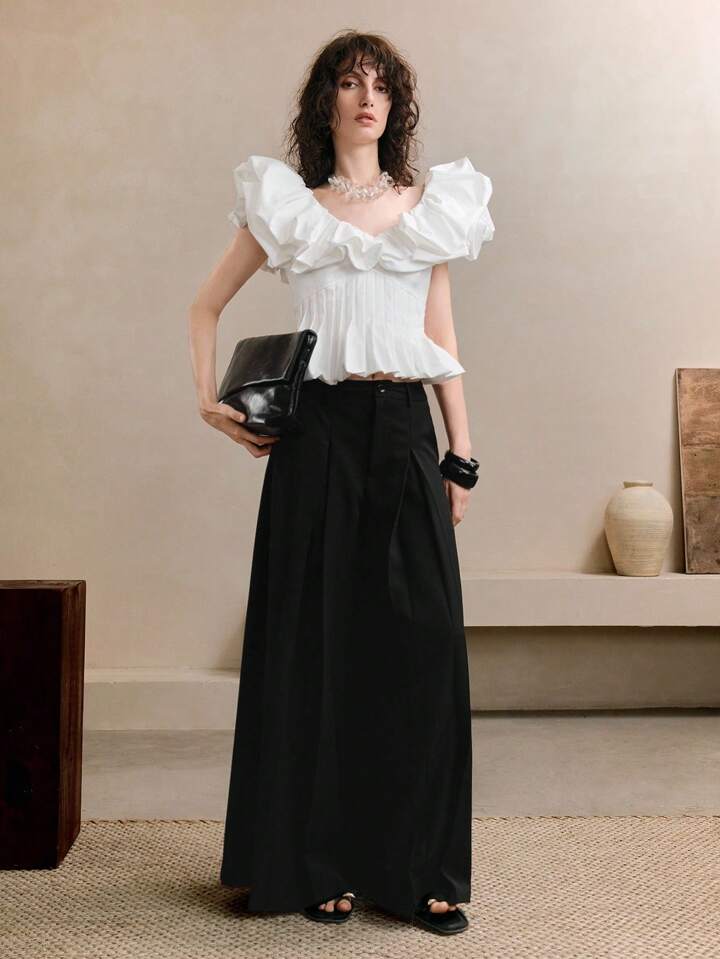 CM-TS573713 Women Elegant Seoul Style Wide V-Neck Puff Neck Pleated Cinched Waist Asymmetrical Blouse - White