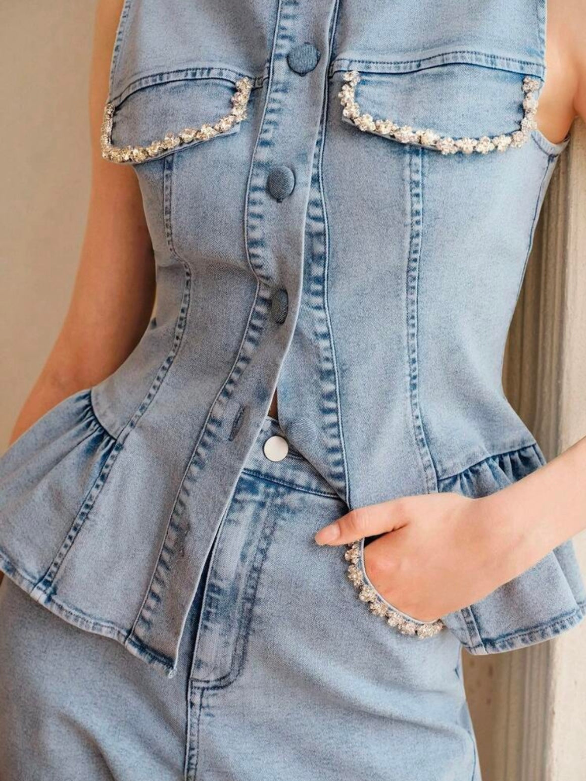 CM-SS572201 Women Elegant Seoul Style Round Neck Sleeveless Beaded Denim Camisole With Long Pants -Set