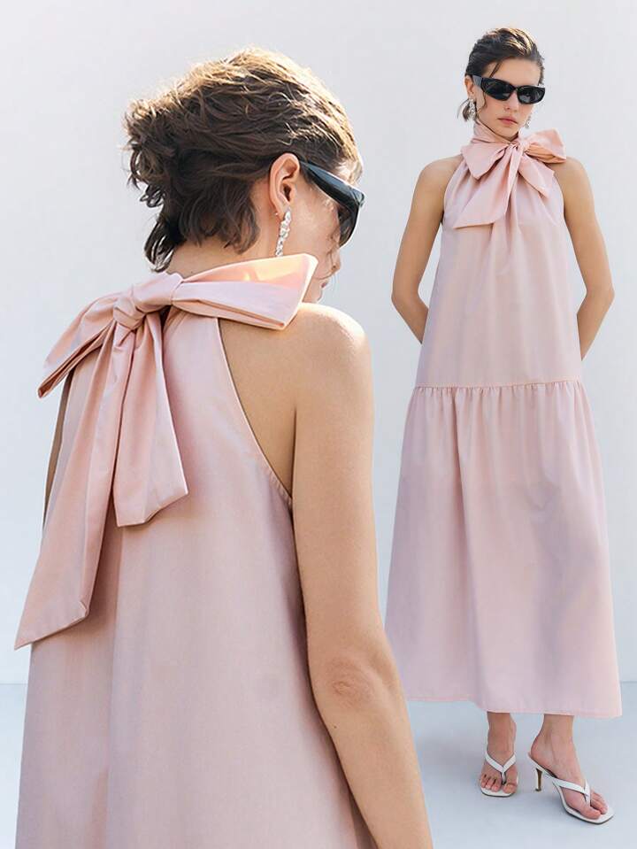 CM-DS178358 Women Casual Seoul Style Tie-Up Halter Sleeveless A-Line Pleated Hem Long Dress - Baby Pink