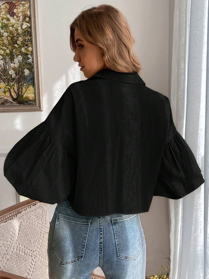 CM-TS805588 Women Casual Seoul Style Drop Bishop Sleeve Single Breasted Blouse - Black