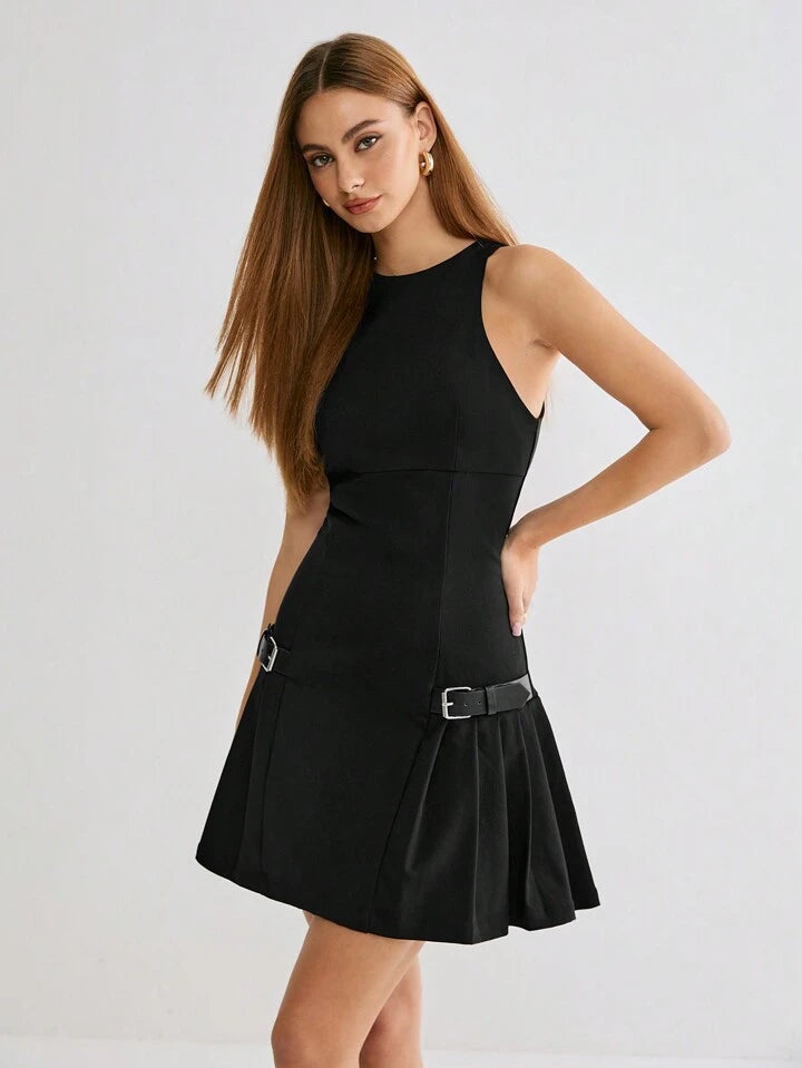 CM-DS443316 Women Casual Seoul Style Round Neck Sleeveless Belt Decor Pleated Hem Mini Dress - Black