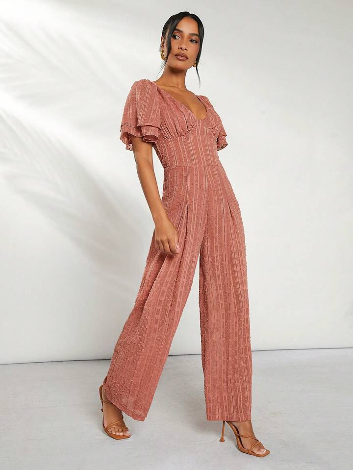 CM-JS355304 Women Trendy Bohemian Style Swiss Dot Ruffle Sleeve Jumpsuit - Dusty Pink