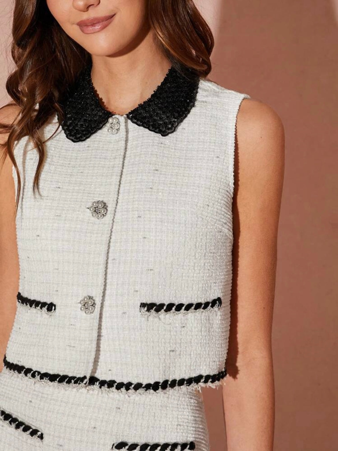 CM-SS188131 Women Elegant Seoul Style Contrast Color Pearl Button Decor Sleeveless Vest With Tweed Skirt - Set