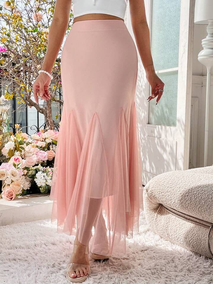 CM-BS286910 Women Elegant Seoul Style Mesh Mermaid Hem Long Skirt - Pink