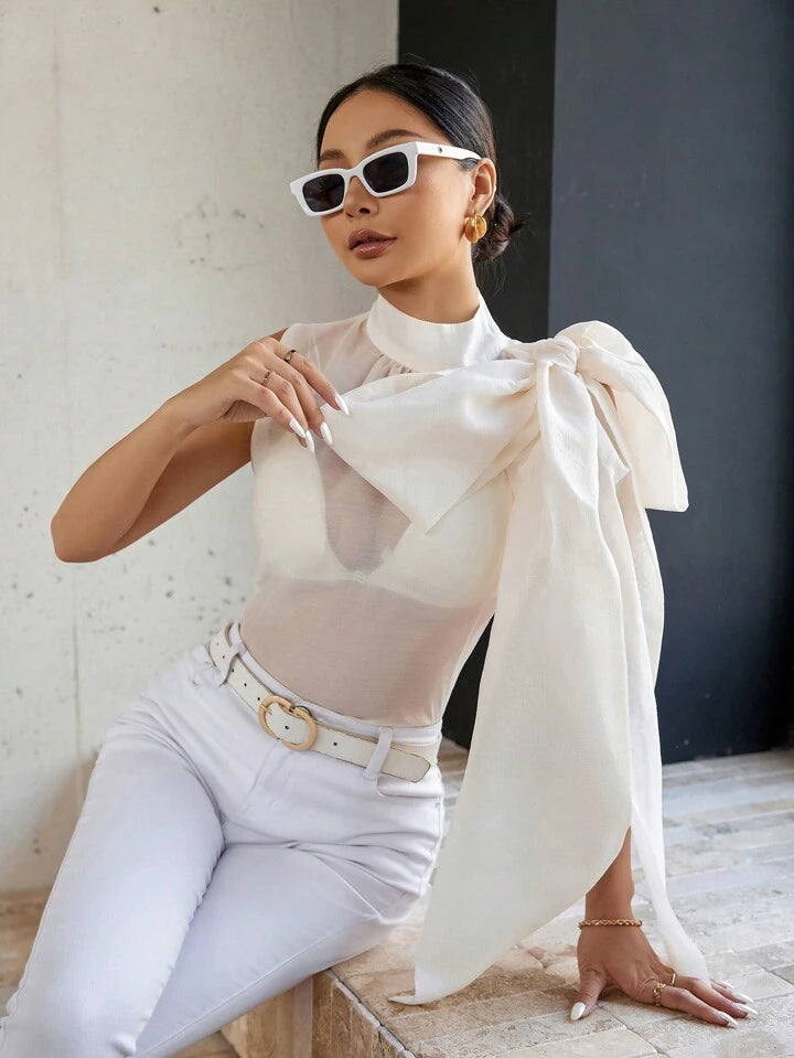 CM-TS509959 Women Casual Seoul Style Stand Collar Tie Front Sleeveless Shirt - Beige