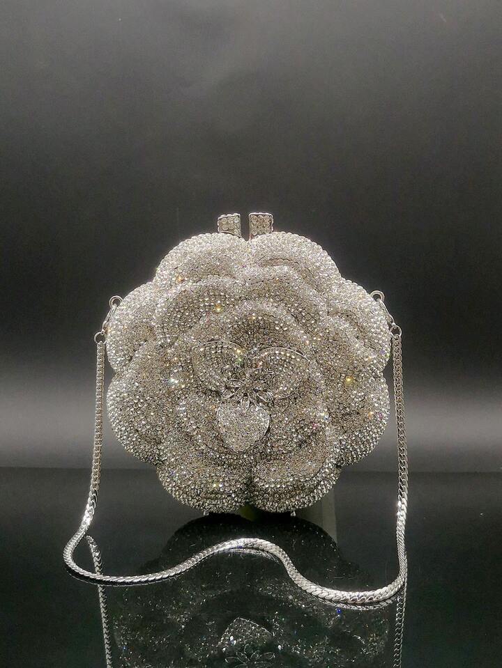 CM-BGS061611 Women Elegant Seoul Style Floral Design Rhinestone Crystal Handmade Clutch Bag - Silver
