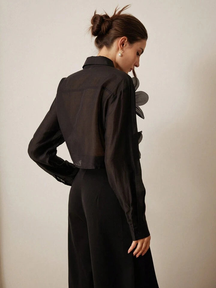 CM-TS577439 Women Elegant Seoul Style Floral Embroidery Sequins Splice Sheer Long Sleeve Blouse - Black