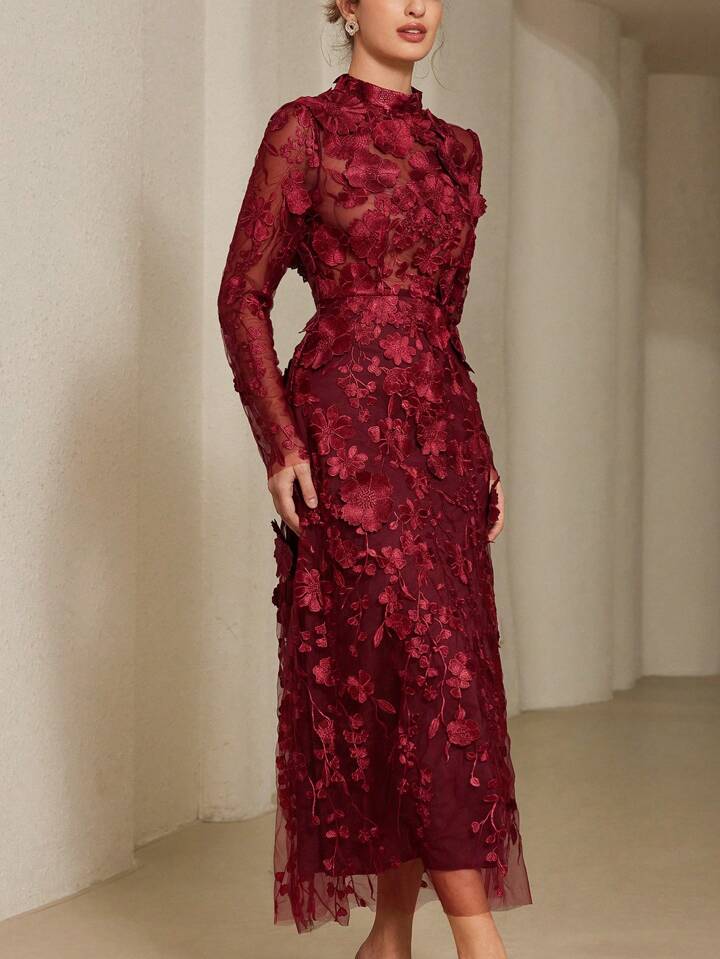 CM-DS735113 Women Elegant Seoul Style Stand Collar Cinched Waist 3D Floral Embroidery Dress - Red Violet