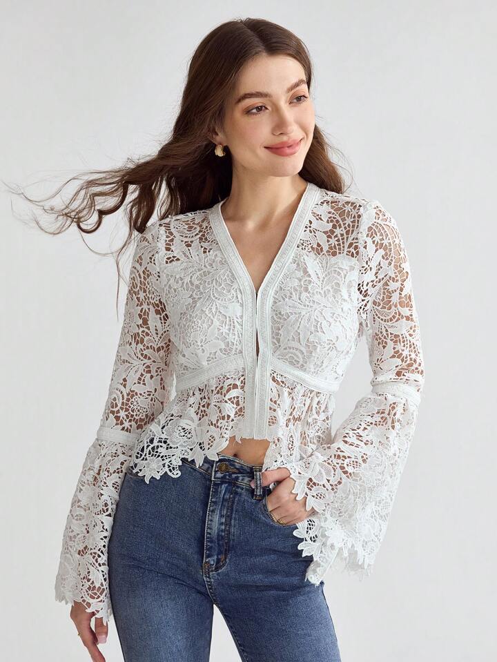 CM-TS566079 Women Elegant Seoul Style Solid Color V-Neck Hollow Out Long Sleeve Top - White