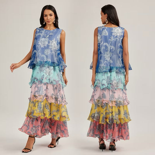 CM-DY049452 Women Trendy Bohemian Style Multi-color Round Neck Sleeveless Splice Cupcake Dress