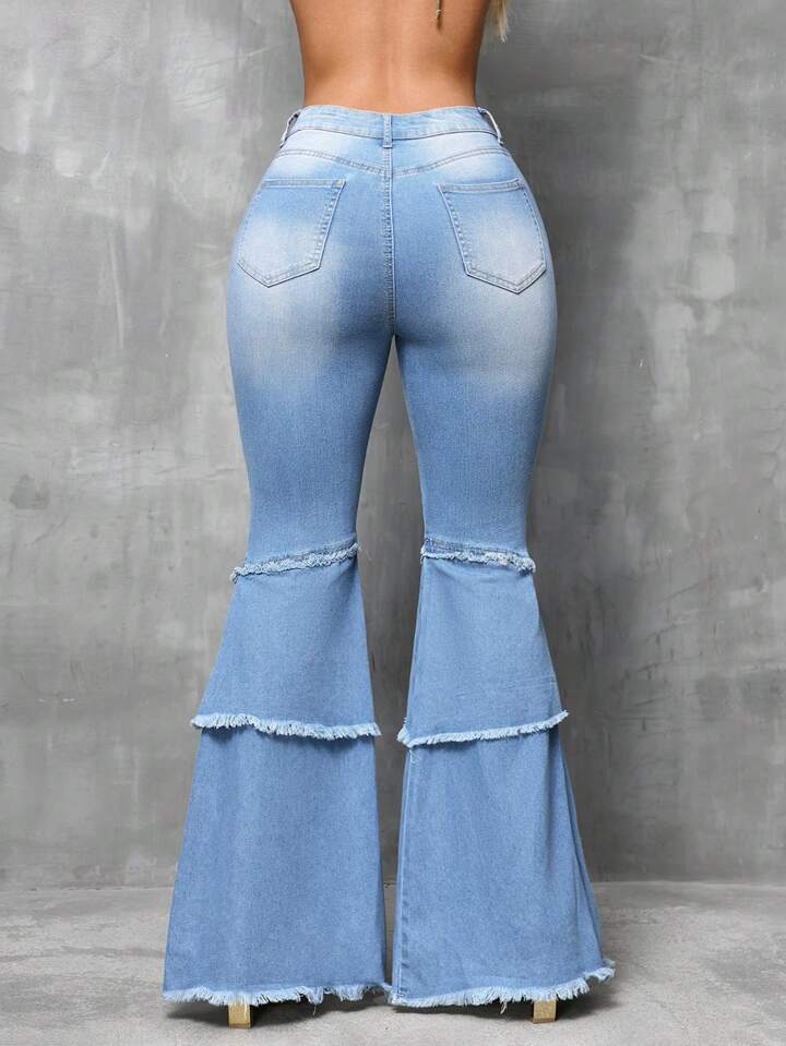 CM-BS928591 Women Casual Seoul Style Light Wash Splice Multi-Layer Fringed Patch Pockets Flare Jeans