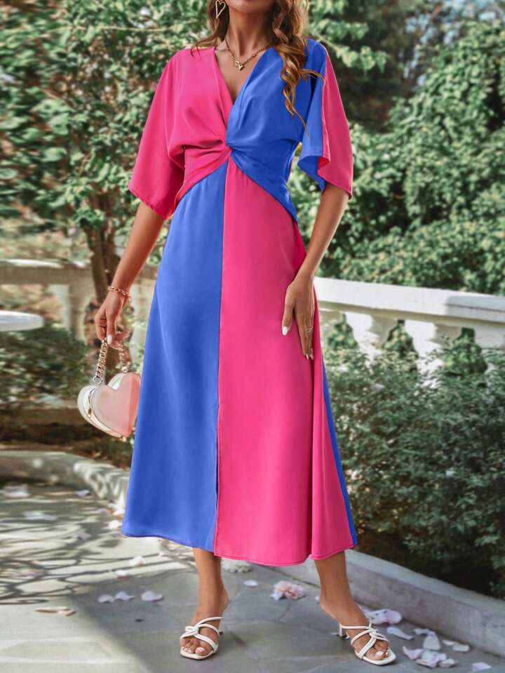CM-DS884984 Women Casual Seoul Style Colorblock Deep V-Neck Half Sleeve Maxi Dress