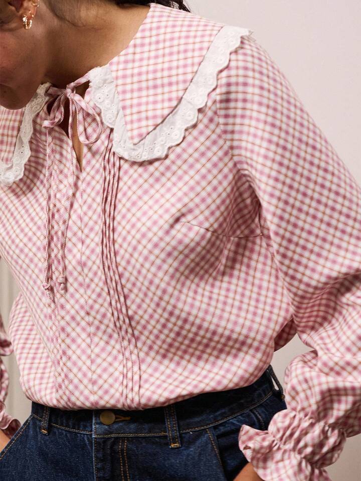 CM-TS124165 Women Casual Seoul Style Lace-Trimmed Peter Pan Collar Ruched Long Sleeve Gingham Blouse - Pink