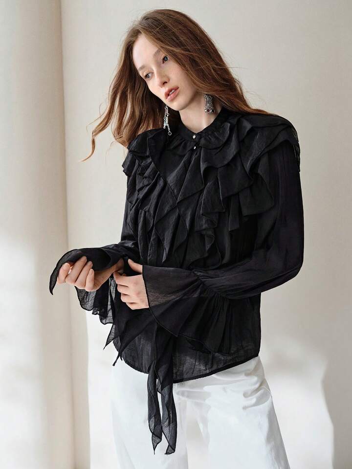 CM-TS054615 Women Elegant Seoul Style Multi-Layer Ruffle Trim Chiffon Flowy Asymmetrical Flounce Sleeve Blouse - Black