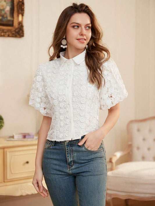 CM-TS827059 Women Elegant Seoul Style Embroidered Pearl Button Sheer Puff Sleeve Crop Shirt