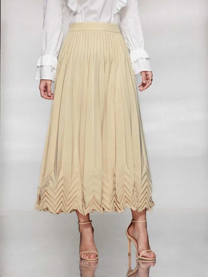 CM-BS462840 Women Casual Seoul Style Pleated Flared Maxi Skirt - Apricotsz2312255350462840
