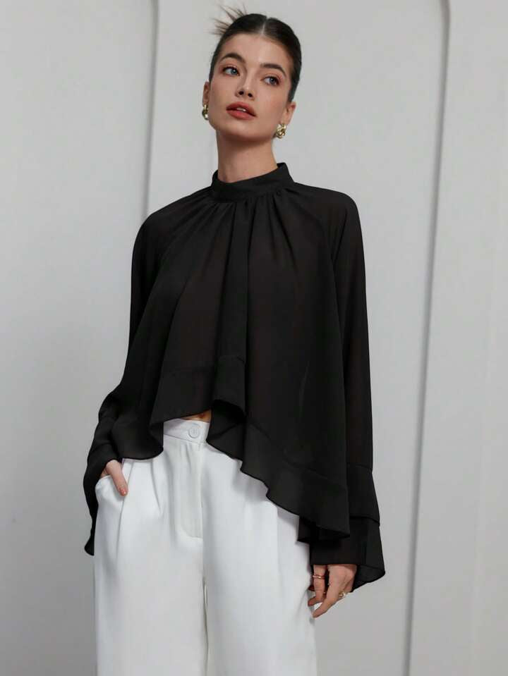 CM-TS617386 Women Casual Seoul Style Stand Collar Long Sleeve Chiffon Cascading Ruffled Blouse - Black